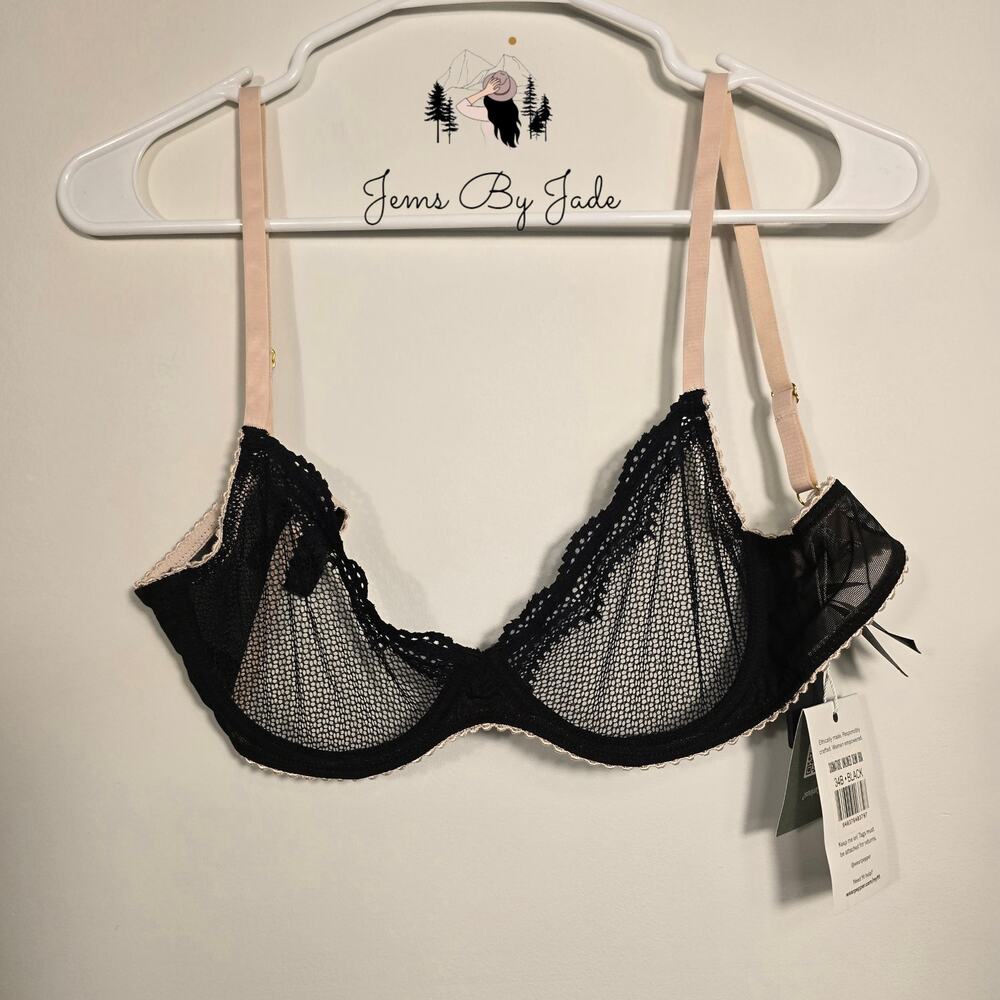 Pepper Signature Unlined Demi Bra 34B Black Lace Nude Trim NWT